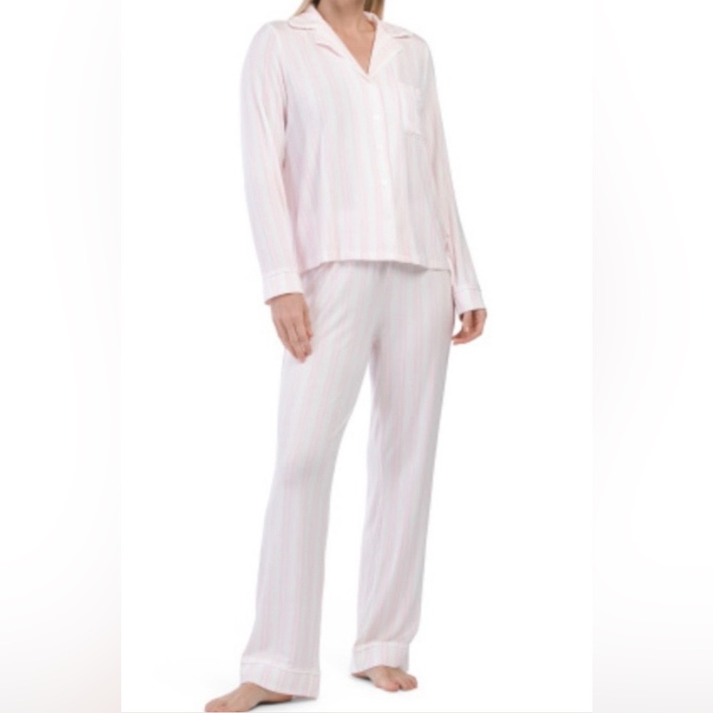 Shabby Chic Pink and White Stripe Long Sleeve Pajama Set Size L Cottagecore